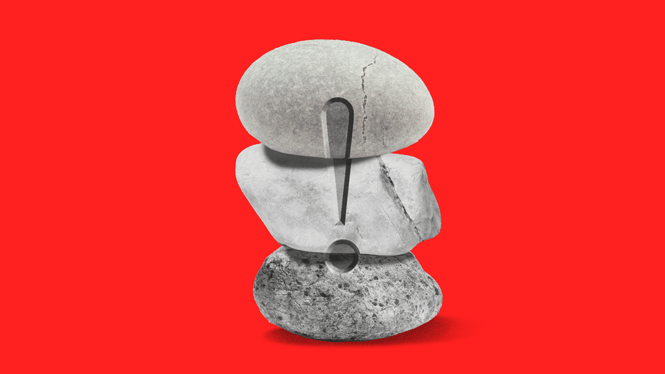 Illustration of a stack of stones with an exclamation point carved into them