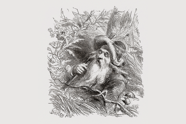 Antique illustrated engraving of a long-bearded man in a hat sleeping among the brush.