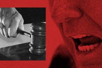 A hand hits a gavel in a courtroom, while a person shouts.