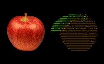 A photo of an apple and an ASCII image of an orange