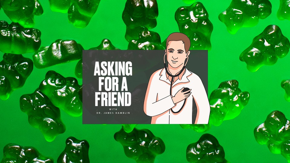 A cartoon doctor puts a stethoscope to his own chest in front of a background of green gummy bears.