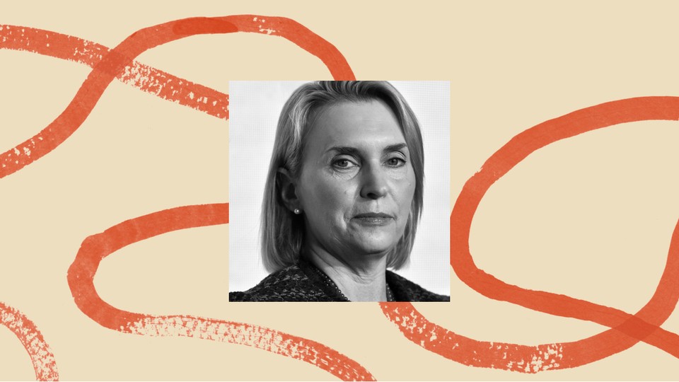 A black-and-white photo of Bridget Brink, former ambassador to Ukraine, set against an illustrated background