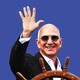 Jeff Bezos waving in front of a boat steering wheel