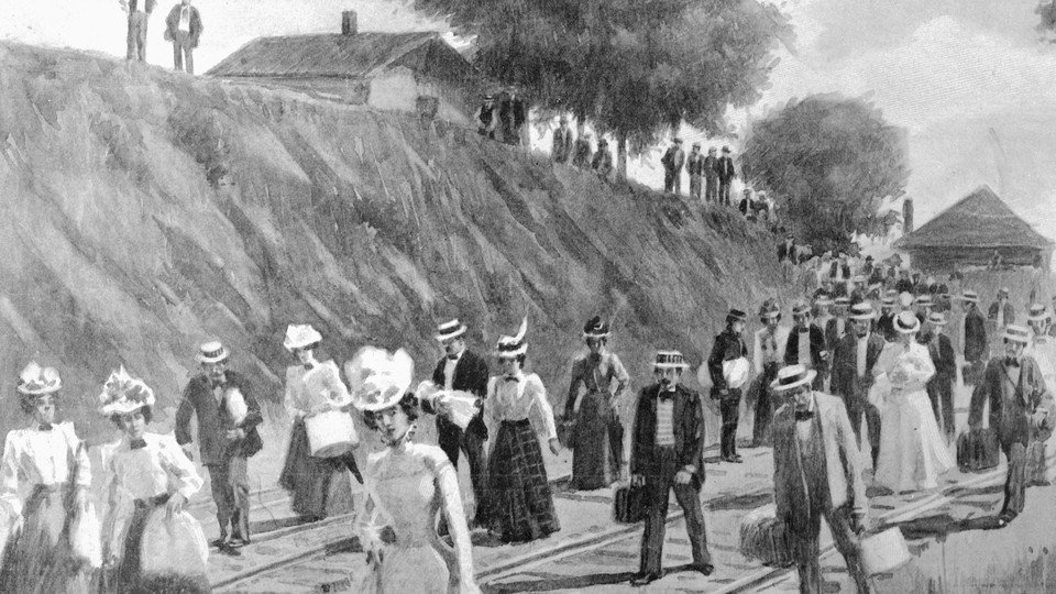 Drawing of people with luggage walking along a railroad