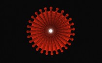 Graphic of a coronavirus particle with a hole at the center, like a tunnel