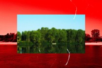 A photo of a river suffering from drought, colored red, with a rectangle of the same river, lush and green, cut out of the center