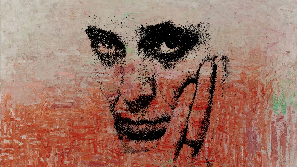 An image of the artist Philip Guston superimposed on a detail of one of his paintings