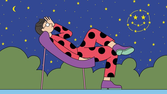 Illustration d'une personne allongée sur une chaise et regardant une constellation de smileys