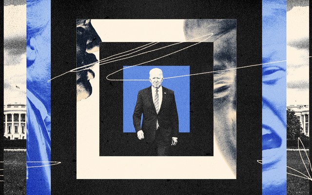 Joe Biden in a graphic of blue, white, and black concentric squares with Donald Trump's face looming