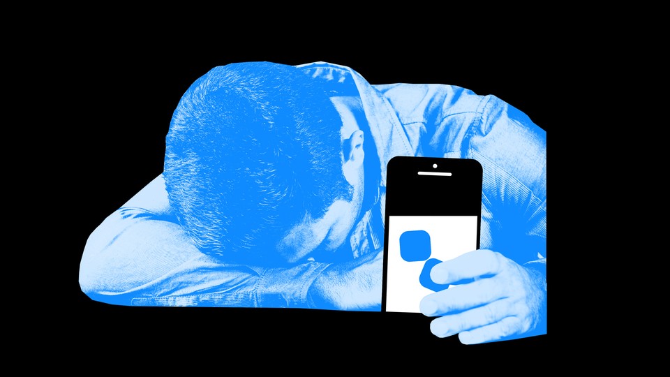 Illustration of a sad person with their smartphone.