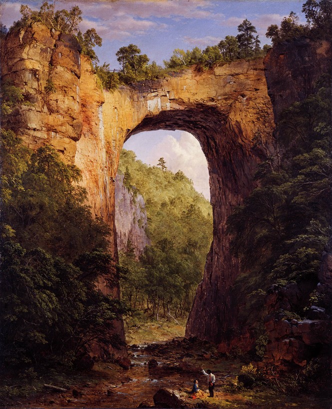 painting of large natural arch with two small figures at base