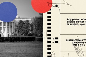 a collage illustration of the White House on the left and a ballot on the right