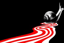 A snail leaving behind a trail of white-and-red stripes of the American flag