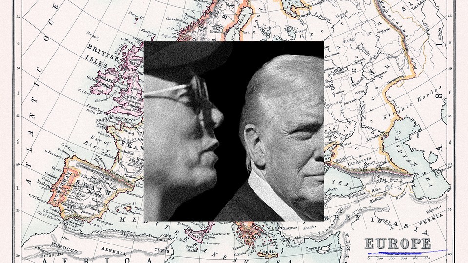Collage of Elon Musk and Donald Trump superimposed on a vintage map of Europe