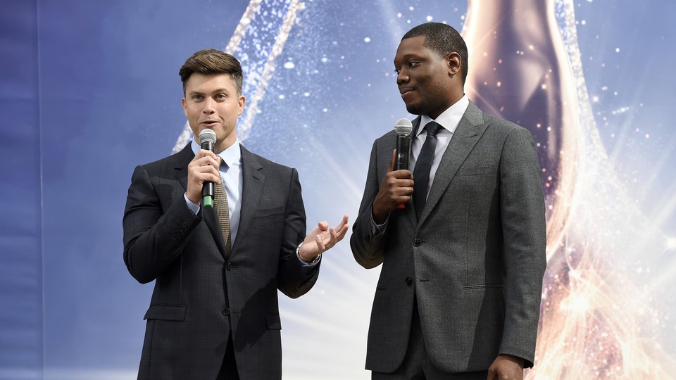 Colin Jost, left, and Michael Che, co-hosts for the 70th Emmy Awards