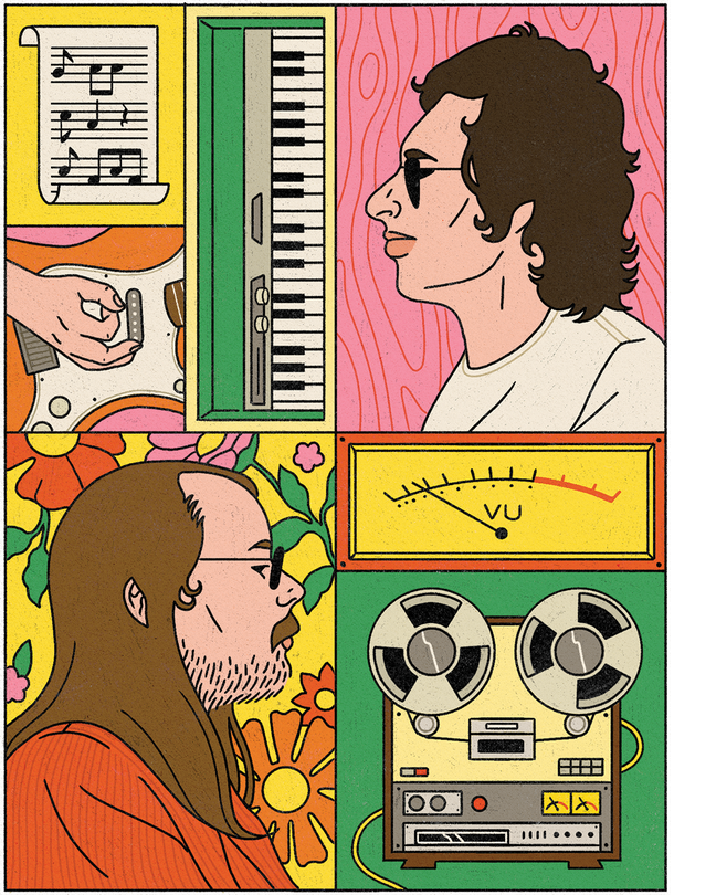 A four-panel illustration of Steely Dan and recording equipment.