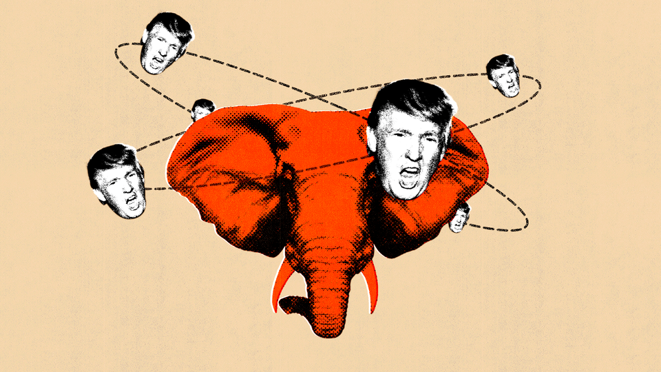 Illustration of tiny Trump faces orbiting around an elephant face