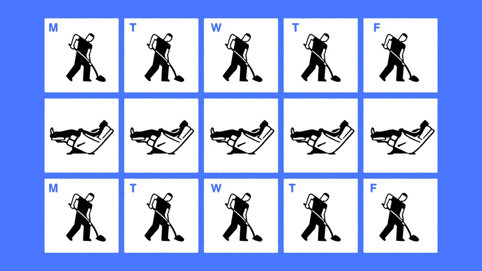 A calendar showing a week of a person shoveling, followed by a week resting in a recliner, followed by a week shoveling.
