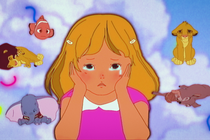 A crying child surrounded by images from "Dumbo," "The Lion King," "Finding Nemo," and "Bambi"