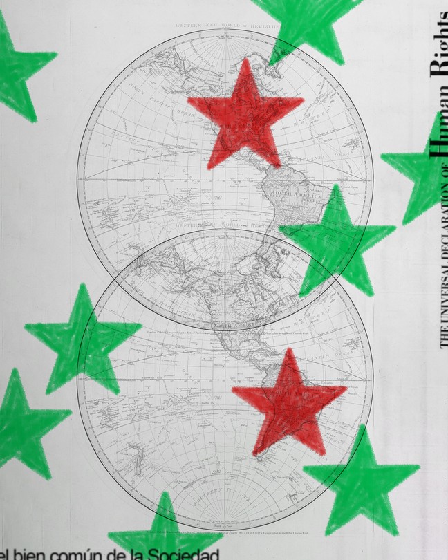 Two overlapping world maps of the Western Hemisphere with five stars, four of them green and one red.