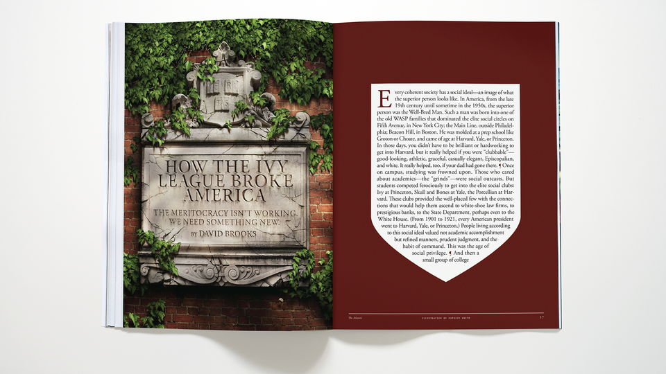 Photo-illustration of Atlantic magazine open to the story “How the Ivy League Broke America”