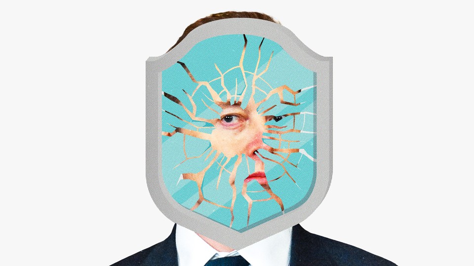 Illustration of Elon Musk looking through a shattered shield