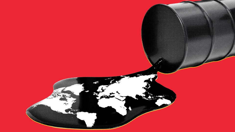 A sideways oil barrel spilling a black-and-white world map