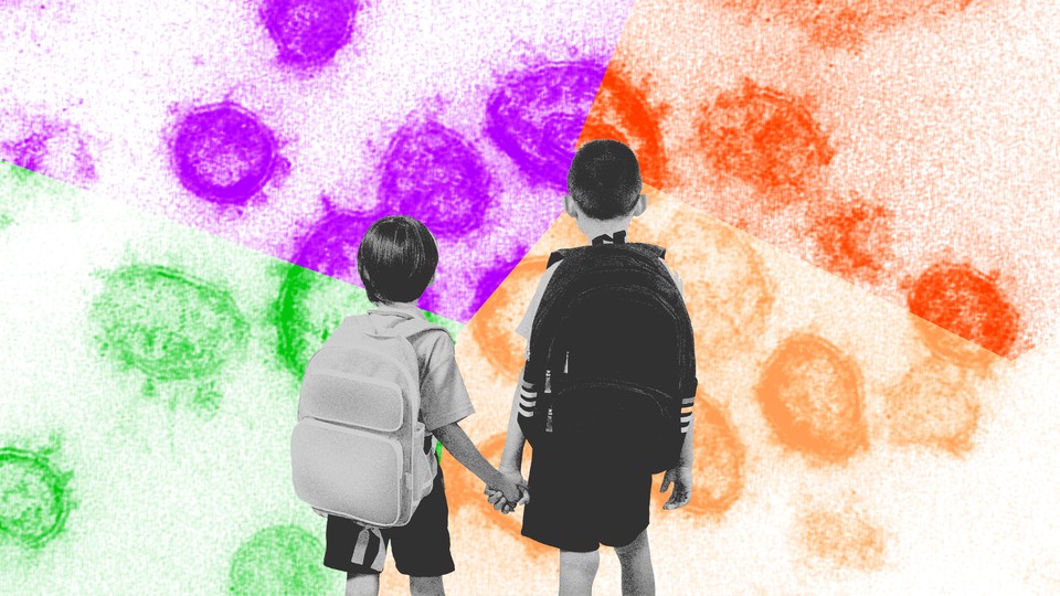 Two children wearing backpacks face a magnified image of virus particles.