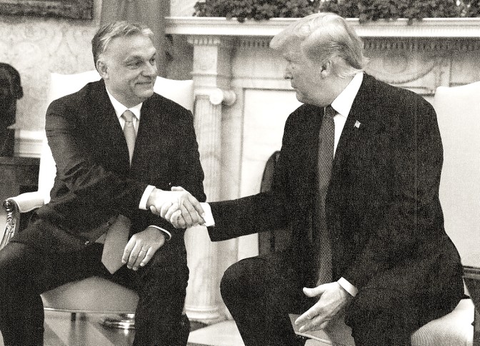 U.S. President Donald Trump shakes hands with Hungarian Prime Minister Viktor Orban during a meeting in the Oval Office.