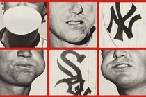 Grid of close-up black-and-white square photos of baseball players chewing and blowing bubbles, on a red background