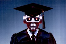 Illustration of a Terminator-style robot wearing a graduation cap and gown