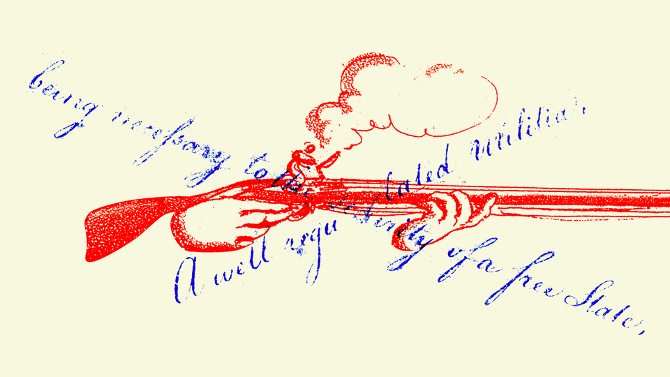 An illustration of a just-fired rifle with text from the Second Amendment superimposed