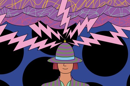 An illustration of a smiling person wearing a helmet that is acting as a lightning conductor