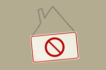 Illustration showing a no-entry sign hanging from a chain with the shape of house roof