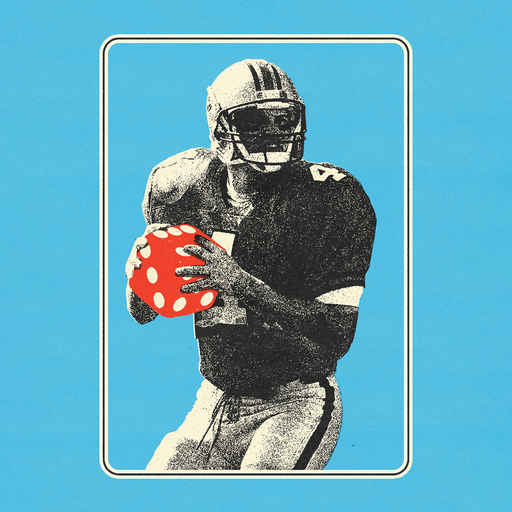 illustration with black-and-white photo of football player holding red-and-white game die instead of football on blue background