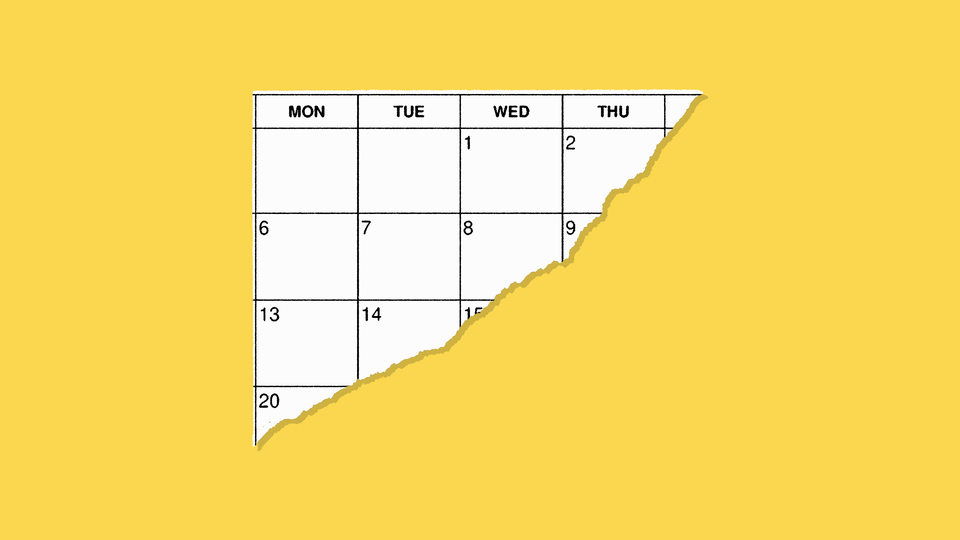 A generic seven-day white calendar that has been torn after Thursday, on a yellow background