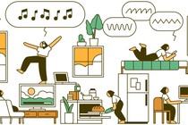Drawings of people dancing, listening to music, watching TV, baking, etc.