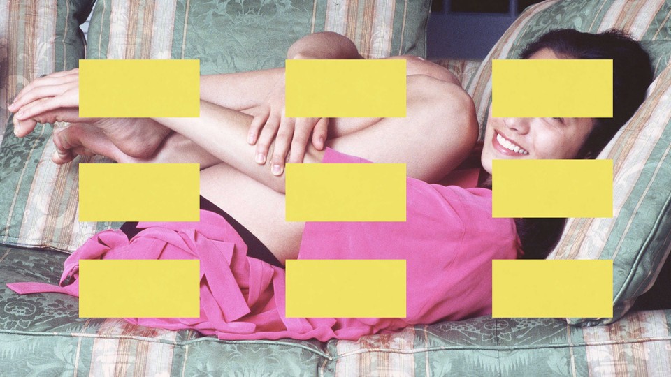 A grid of yellow rectangles superimposed over a photo of a girl hugging her legs on a couch