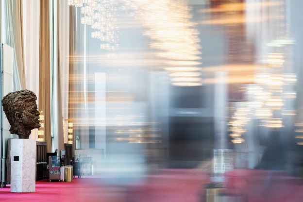 A photo of the Grand Foyer of the Kennedy Center, including the bronze bust of John F. Kennedy.