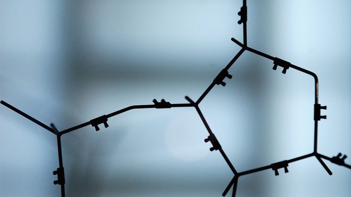 A close-up of a model of DNA