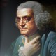 A portrait of Benjamin Franklin, in which he is staring into the glow of a smartphone screen.