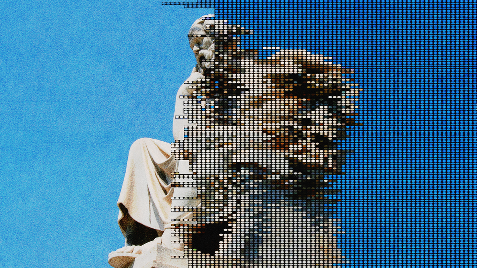 A photo illustration of a contemplative statue becoming pixelated across the screen from left to right