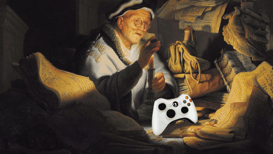 An illustration of Rembrandt's Parable of the Rich fool with a video game controller.