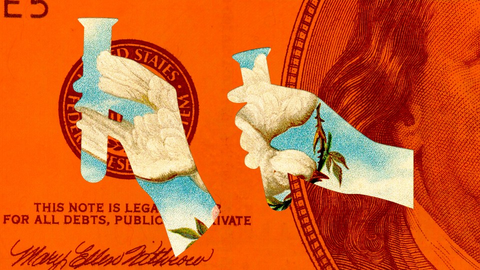 A collage featuring U.S. currency, two hands holding test tubes, and a bird carrying a twig