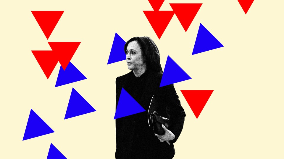 An illustration shows Vice President Kamala Harris surrounded by red and blue triangles.