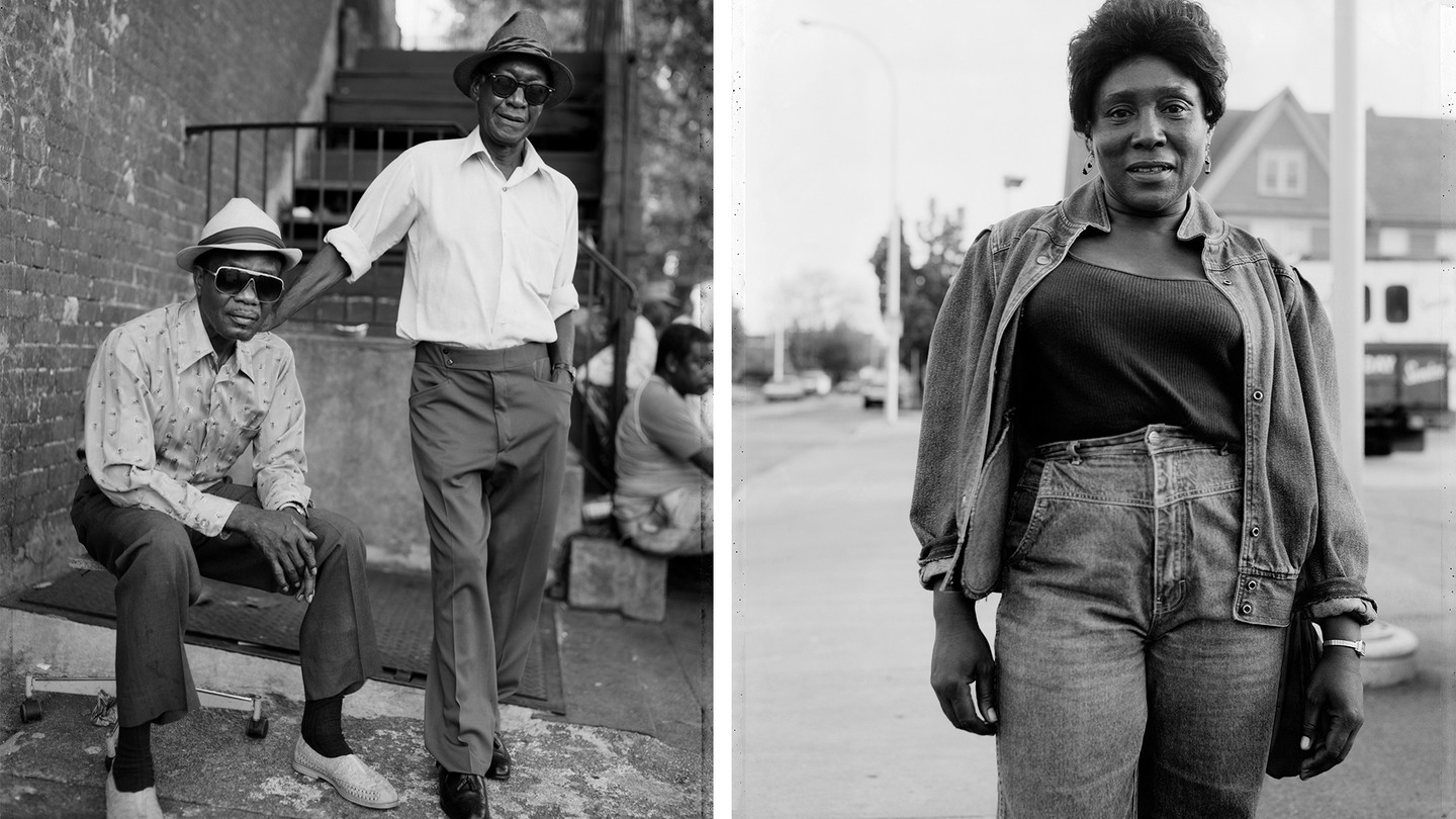 left: photo of two men wearing sunglasses and hats; right: photo of woman wearing denim