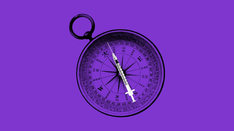 A vaccine syringe replaces the needle on an illustration of a compass.