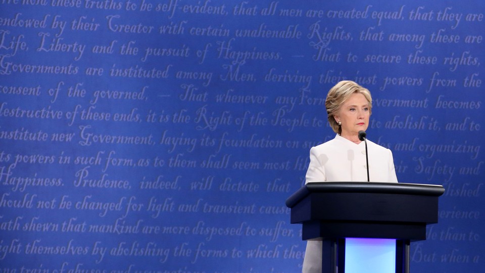 Hillary Clinton stands at the lectern during the third and final 2016 presidential campaign debate. 