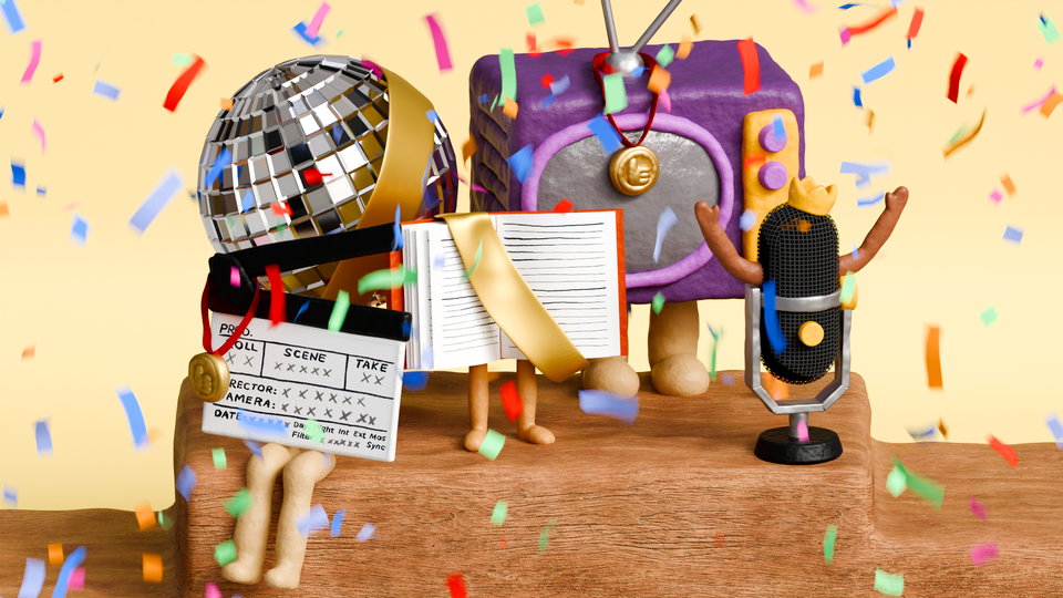 An illustration of a claymation TV, disco ball, microphone, book with a sash, and a clappberboard with legs sitting on top of a wooden platform