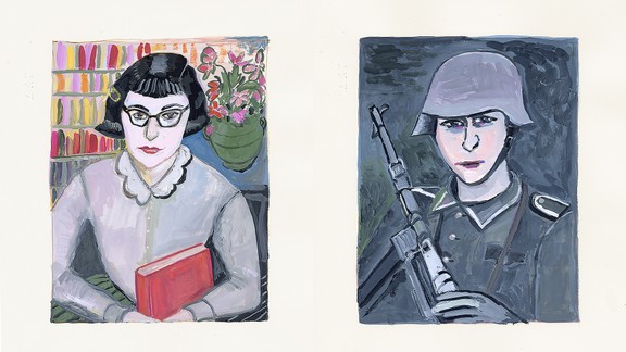 2 illustrations: a woman with black bobbed hair and dark-rimmed glasses holding a red book with flowers and bookshelves in background, and a German soldier with helmet and rifle